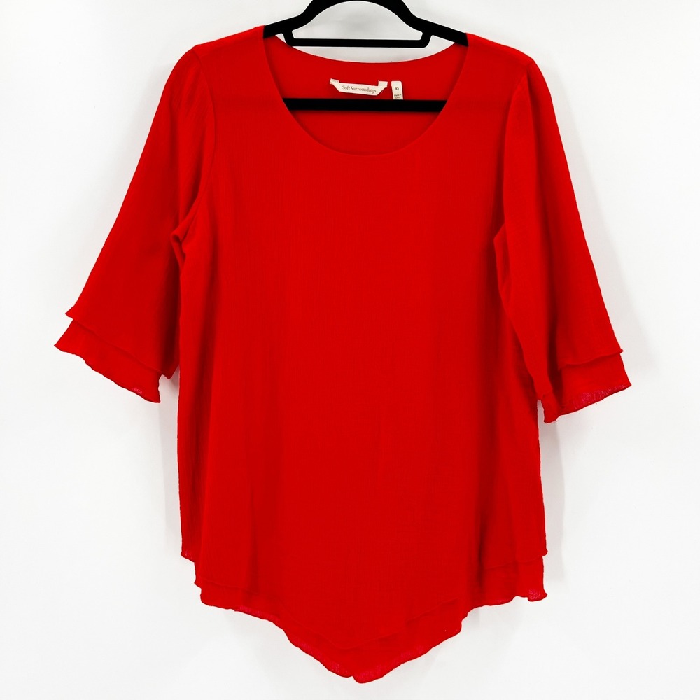 Soft Surroundings Red Textured‎ Bell Sleeve Tunic Top Women's XS Style 26612